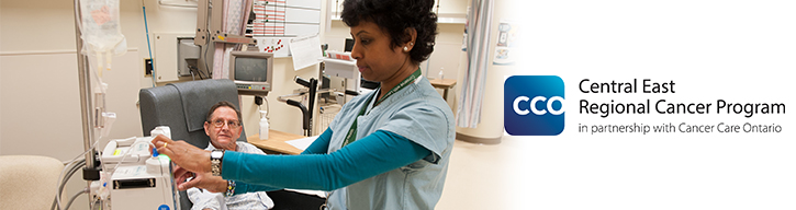 A patient and nurse in the systemic treatment area at Rouge Valley Health, Centenary Hospital