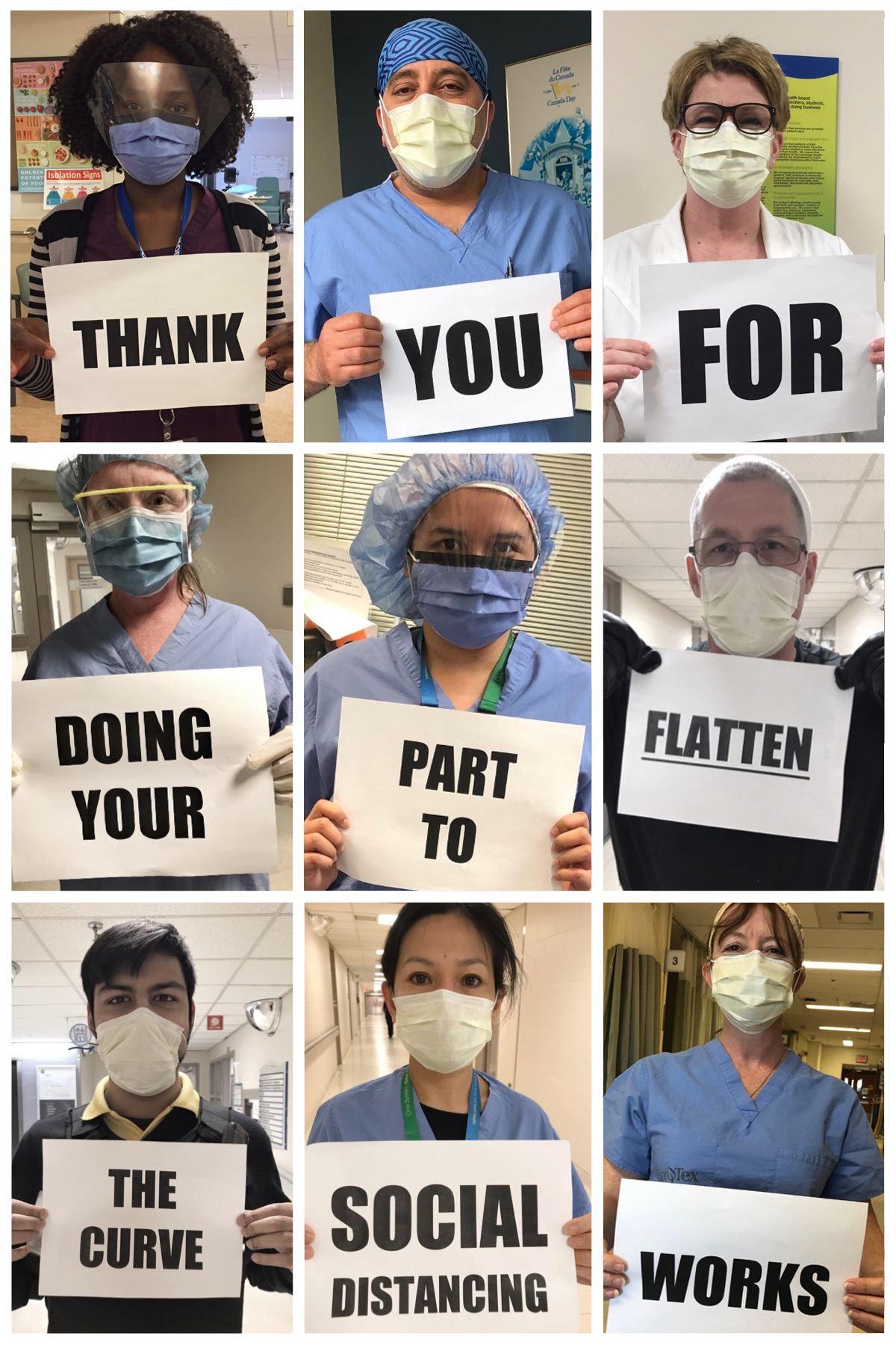 Healthcare workers holdings signs that say Thank you for doing your part to flatten the curve. Social distancing works.