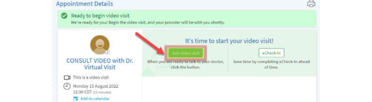 MyChart appointment details page