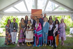 Lakeridge Health leaders, members of the Ajax Pickering Hospital Foundation, local government partners, and members of the community gather for a group photo to commemorate the official opening of the Indigenous Community and Healing Garden at Ajax Pickering Hospital.
