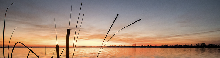 A calm lake at sunset